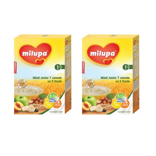 Milupa - Pachet 2 x Cereale fara lapte, Musli Jr 7 cereale cu 5 fructe, 250g, 12luni+