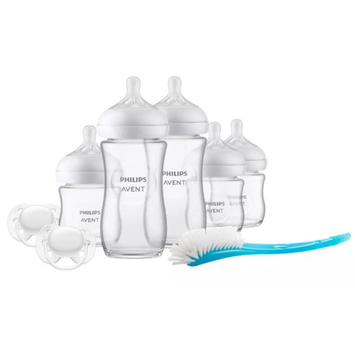 Philips Avent - Set pentru nou-nascuti, 5 biberoane anitcolici + 2 suzete + 1 perie de curatat, Din sticla, 3x120 ml, 2x260 ml, Natural Response, 0 luni+, Alb