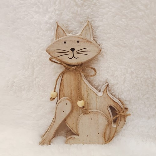 Decoratiune Pisica din lemn bej 12x18 cm