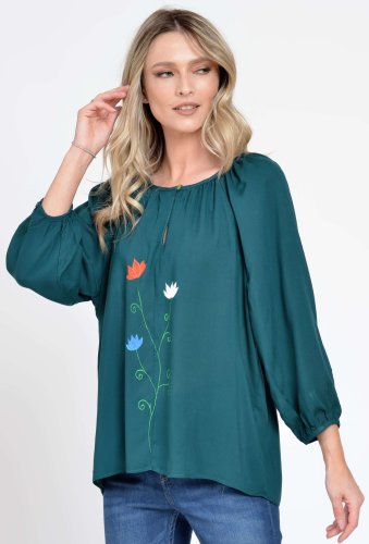 Bluza Dama cu Maneca 3 sferturi, Ampla, Verde cu pictura realizata manual
