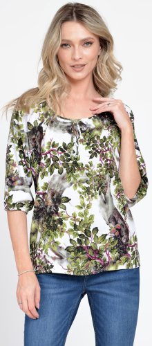 Bluza IE Dama cu Maneca 3 sferturi, model Floral, alb cu verde