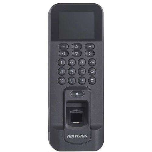 Controler de acces biometric stand alone Hikvision cu tastatura si cartele de proximitate MIFARE, DS-K1T804AMF; Capacitate de stocare: 3,000cartele, 3,000 amprente si 100,000 evenimente; Suporta funct