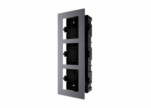 Panou frontal pentru 3 module videointerfon modular Hikvision DS-KD-ACF3; permite conectarea a 3 module de videointerfon modular; mo ntareincastrata; material aluminiu, doza de plastic inclusa; dimens