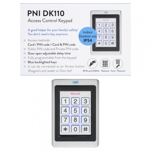 Tastatura control acces PNI DK110, stand alone, exterior si interior, IP54, Tastatura iluminata, Aliaj de zinc, IP54, Cititor card, dIMENSIUNI: 75 X 120 X 25 mm 380 gr,