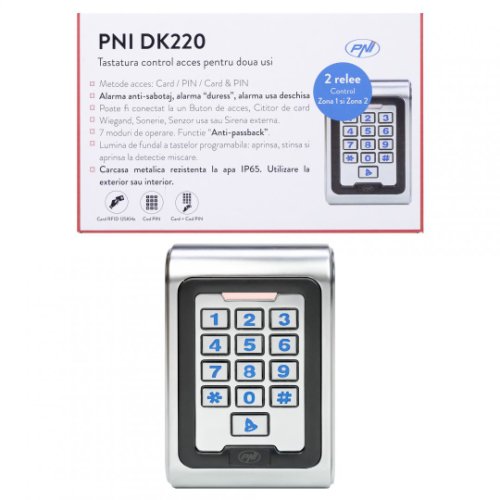 Tastatura control acces PNI DK220, stand alone, exterior si interior, IP65, cu 2 relee, Culoare: Negru Argintiu, Aliaj de zinc,IP65, Cititor card, 75 x 25 x 120 mm 500 gr, 2000 utilizatori