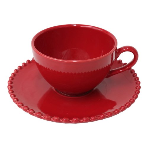Ceașcă de ceai cu farfuriuță din gresie Costa Nova Pearlrubi, 250 ml, roșu rubin