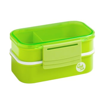 Cutie gustări cu 2 compartimente și tacâmuri Premier Housewares Grub Tub, 13,5 x 10 cm, verde