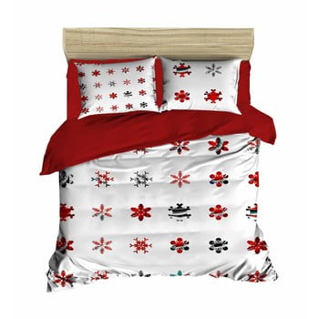 Pearl Home - Lenjerie de pat cu cearșaf christmas snowlakes red, 200 x 220 cm
