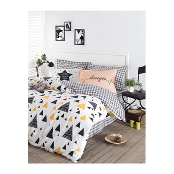 Lenjerie de pat cu cearșaf din bumbac ranforce, pentru pat dublu Mijolnir Ilove Black & Yellow, 200 x 220 cm