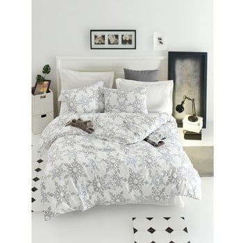 Lenjerie de pat cu cearșaf din bumbac ranforce, pentru pat dublu Mijolnir Irene White, 200 x 220 cm