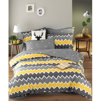 Lenjerie de pat cu cearșaf din bumbac ranforce, pentru pat dublu Mijolnir Zigros Yellow, 200 x 220 cm