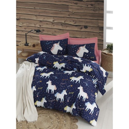 Mijolnir - Lenjerie de pat cu cearșaf pentru pat dublu eponj home magic unicorn dark blue, 200 x 220 cm