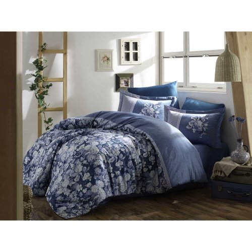 Lenjerie de pat din bumbac satinat pentru pat dublu cu cearșaf Hobby Amalia, 200 x 220 cm, albastru