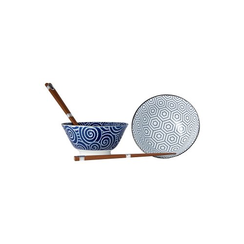 Set 2 boluri din ceramică și bețișoare MIJ Honeycomb, albastru-alb