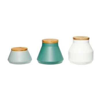 Set 3 recipiente din ceramică cu capac din bambus Hübsch Aino