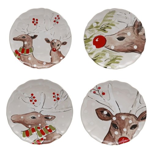 Set 4 farfurii din gresie pentru desert cu model de Crăciun Casafina Deer Freinds, ø 21,4 cm
