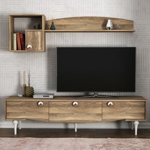 Set comodă TV și dulap de perete cu aspect de lemn de nuc Kumsal