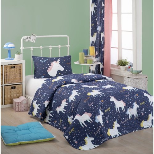 Mijolnir - Set cuvertură pentru pat și față de pernă eponj home magic unicorn dark blue, 160 x 220 cm