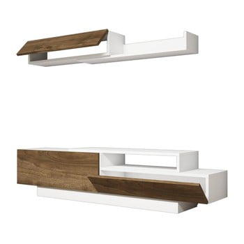 Puqa Design - Set masă tv și poliță perete cu detalii în decor de lemn de nuc ratto elda, alb