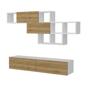 Furny Home - Set masă tv și poliță perete cu detalii în decor de lemn de nuc garetto aristo, alb