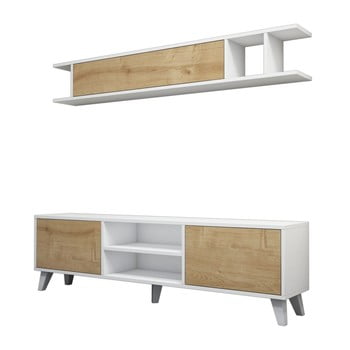 Puqa Design - Set masă tv și poliță perete cu detalii în decor de lemn de pin muzzo italo, alb