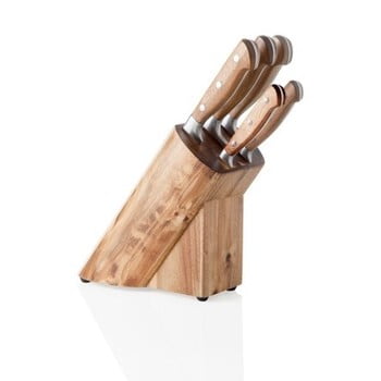 Suport pentru cuțite din lemn de salcâm și set 5 cuțite din oțel inox Brandani Cut