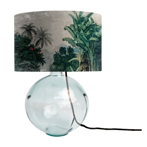 Veioză din sticlă verde cu abajur textil Tierra Bella Tropical Jungle, înălțime 45 cm