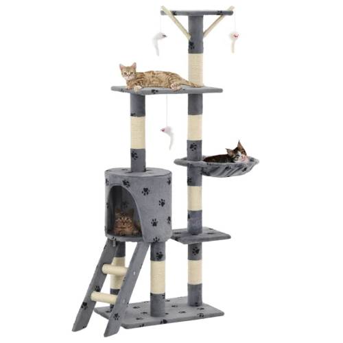 Casa Practica - Ansamblu pisici stâlpi funie sisal, 138 cm imprimeu lăbuțe, gri