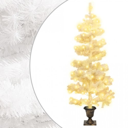 Brad de Crăciun ondulat cu ghiveci și LED-uri, alb, 120 cm, PVC