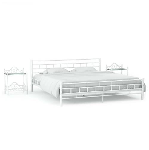 Cadru de pat cu 2 noptiere, alb, 180 x 200 cm, metal