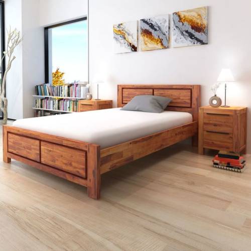 Cadru de pat cu noptiere, maro, 140x200 cm, lemn masiv acacia