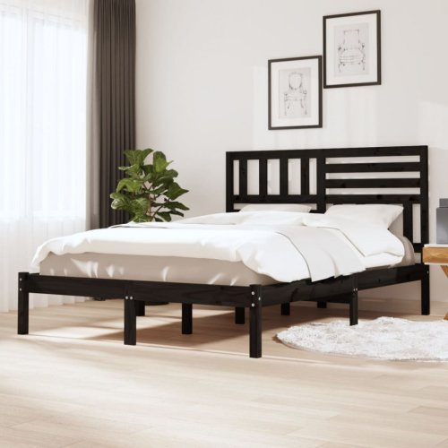 Casa Practica - Cadru de pat dublu 4ft6, negru, 135x190 cm, lemn masiv pin