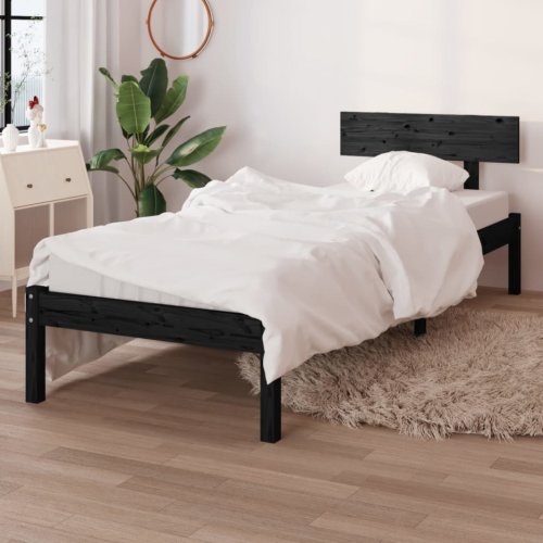 Cadru de pat UK mic Single, negru, 75x190 cm, lemn masiv de pin