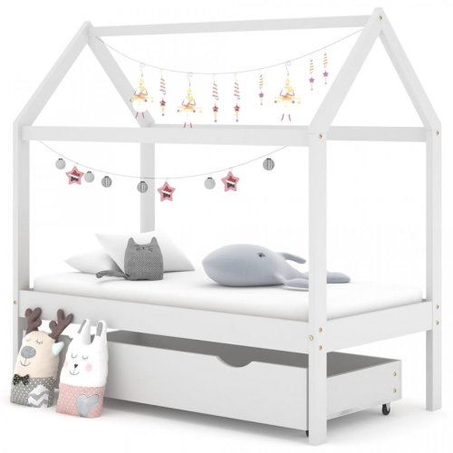 Casa Practica - Cadru pat copii cu un sertar, alb, 70x140 cm, lemn masiv de pin
