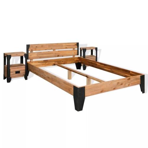 Cadru pat cu 2 noptiere, lemn masiv acacia și oțel, 180x200 cm