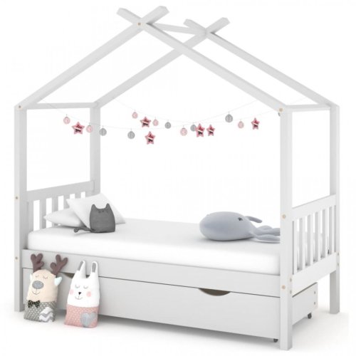 Casa Practica - Cadru pat de copii cu un sertar, alb, 80x160 cm, lemn masiv pin