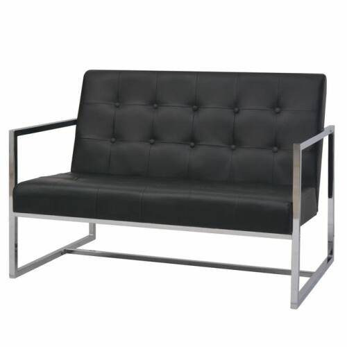 Canapea cu 2 locuri și brațe, piele artificială și oțel, negru
