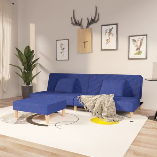 Canapea extensibilă 2 locuri, 2 perne&taburet, albastru, textil