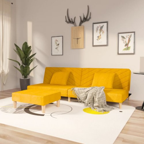 Canapea extensibilă 2 locuri, 2 perne&taburet, galben, textil