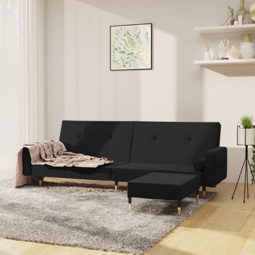 Canapea extensibilă 2 locuri, cu taburet, negru, catifea