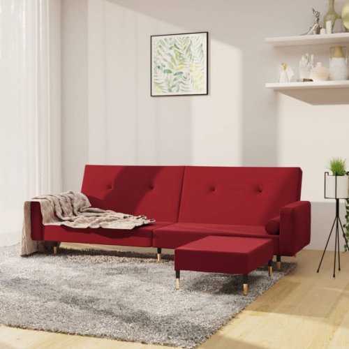 Canapea extensibilă 2 locuri, cu taburet, roșu vin, canapea