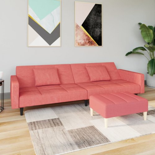 Canapea extensibilă cu 2 locuri, 2 perne/taburet, roz, catifea