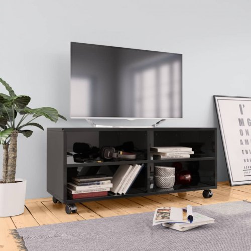 Casa Practica - Comodă tv cu rotile, negru extralucios, 90x35x35, pal