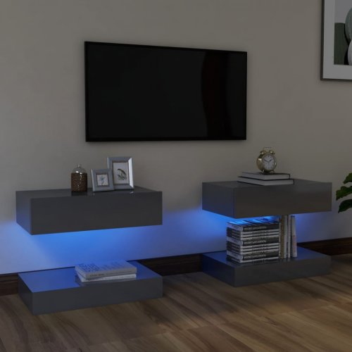 Casa Practica - Comode tv cu lumini led, 2 buc., gri extralucios, 60x35 cm