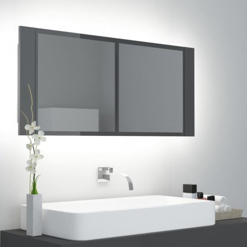 Dulap de baie cu oglindă și LED, gri extralucios, 100x12x45 cm