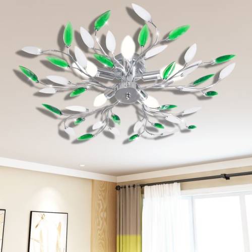 Lampă plafon cu frunze din cristal acrilic, alb cu verde, 5 becuri E14