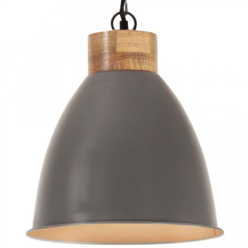 Lampă suspendată industrială, gri, 35 cm, lemn masiv&fier, E27