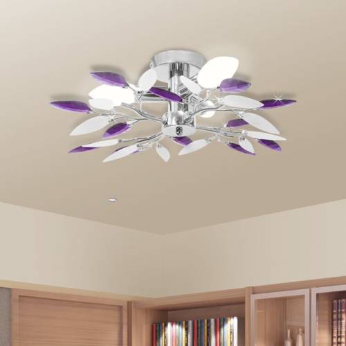 Casa Practica - Lustră cristale acrilice formă de frunze albe și violet pt becuri e14