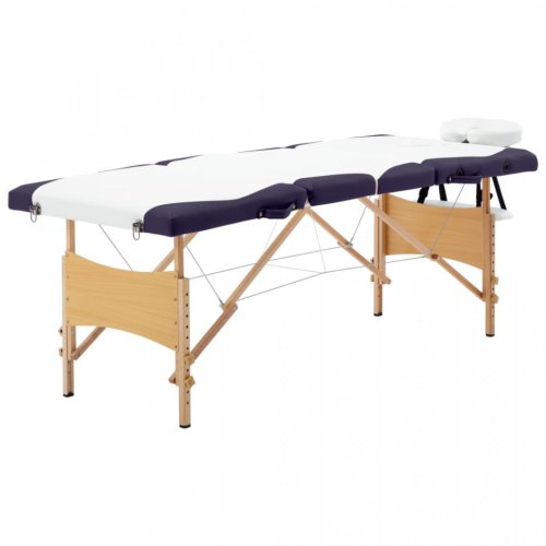 Masă pliabilă de masaj, 4 zone, alb și violet, lemn