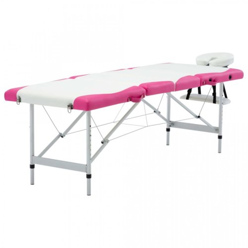 Masă pliabilă de masaj, 4 zone, aluminiu, alb și roz